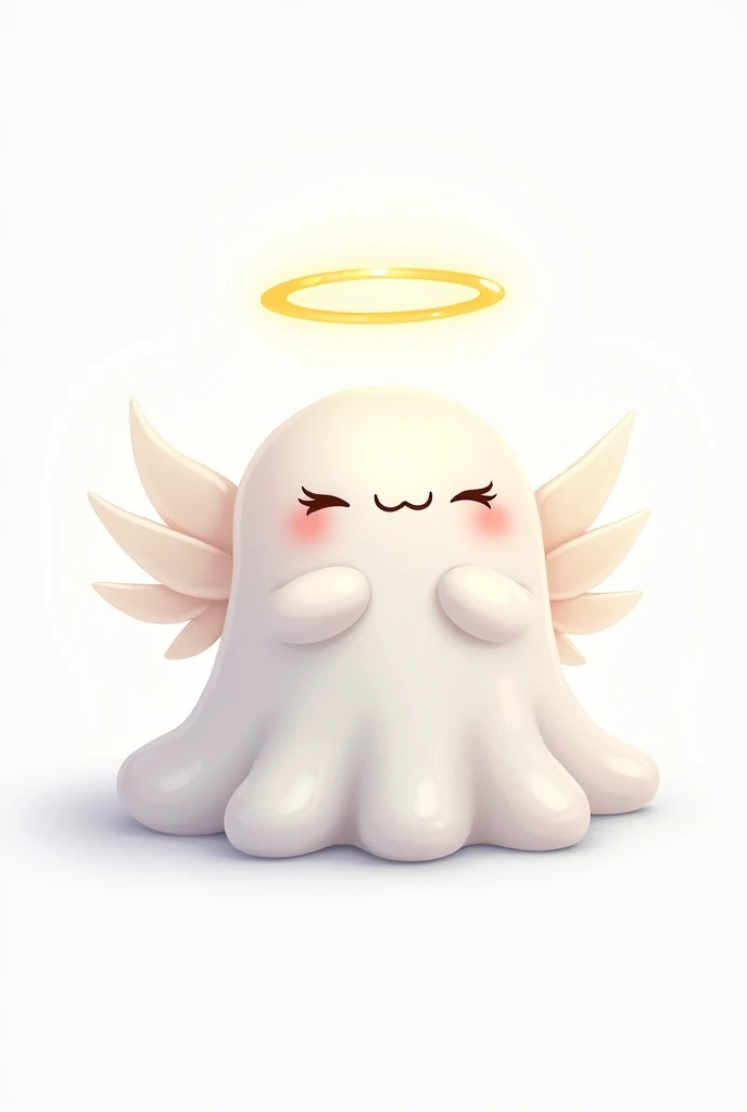 Create a cartoon-style image of a slime-like creature with a glossy, jelly-like texture. The slime is white and has delicate angel wings and a glowing halo above it, symbolizing purity and virtue. It has a peaceful expression with closed eyes. The backgrou...