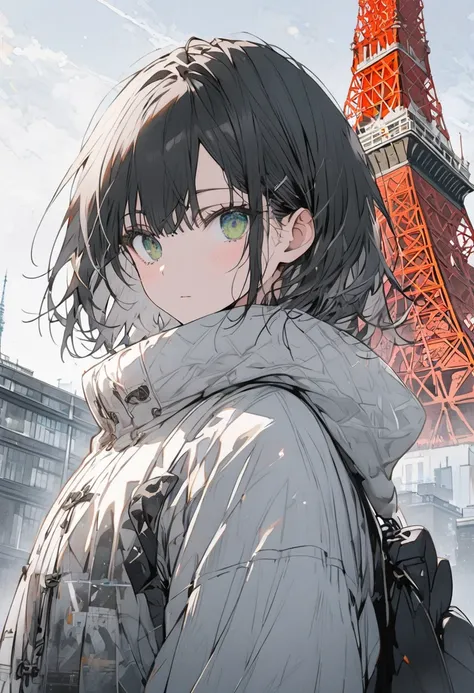 Alone, 1 male, unkempt hair,  black hair, Green Eyes,Short Hair, Long Sleeve , Tokyo tower 