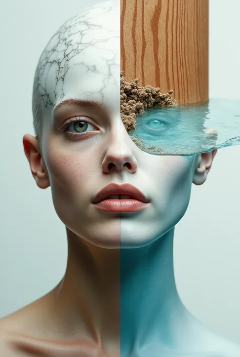  abstract portrait where a human face is fragmented in wood textures, marble and water .  Each texture has its dominant color :  warm brown ,  pure white and sky blue ,  highlighting the diversity and connection between the elements .