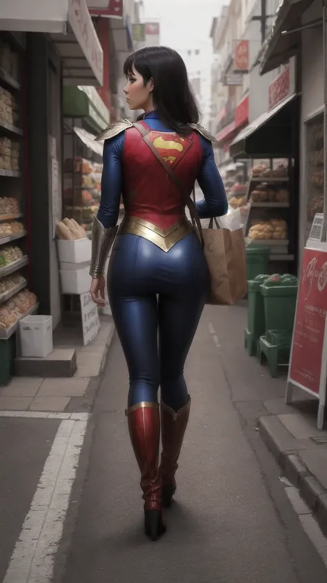 Realistic full body super girl coming back from the market and crossing the street with the bag of bread. The super girl is wearing her classic full costume, detailed armor-like fabric 