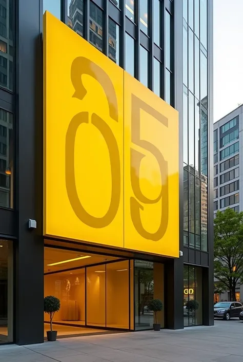 Financial firm big sign on a building, yellow color with big text and graphics, modern design