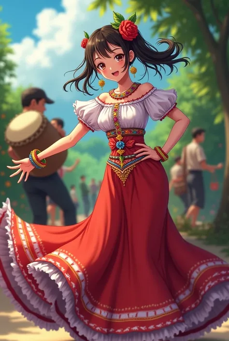 A girl dancing drum in a Venezuelan boleros costume in Anime 