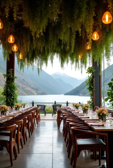  Gourmet Chilean restaurant located at the foot of Lake Villarica, Pucón , Chile. From the inside with plants hanging from the ceiling .