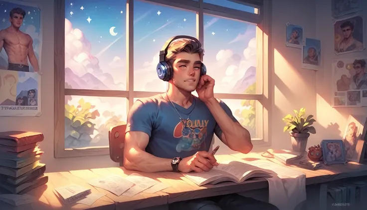 (masterpiece) a boy (male) studying sitting in his room, over his desk, with headphones on, nerd decoration, video game on the wall, posters, window showing the moon and stars, calm, peacefull, thinking, Cinematic, Color grading, beautifully color-coded,