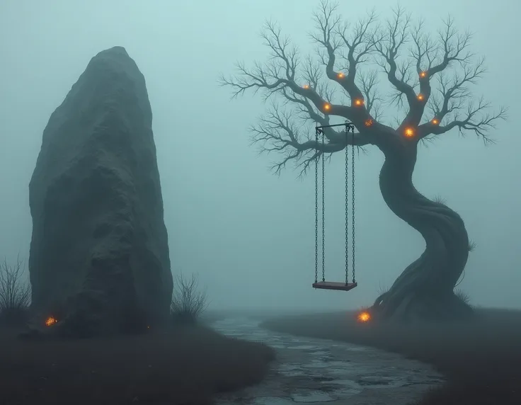  Draw me a gray rock with a creepy metal tree with glowing orange splashes.  A swing is hanging on a tree . Its all in the fog 