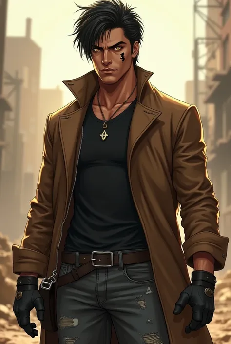 A character sheet; Appearance: Attractive and muscular boy with black skin, black tousled hair, yellow eyes, has a scar on his left cheek, 
Clothing: brown American coat, black t-shirt, ripped jeans at the knees, black boots. Personality: serious, intimida...