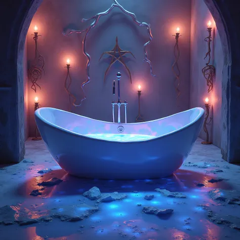 Create an image of an unusual, surreal bath with an unconventional design. The bathtub has an organic, twisting shape, resembling something from another world, made of smooth, iridescent material that shifts in color from deep blue to purple. The water is ...