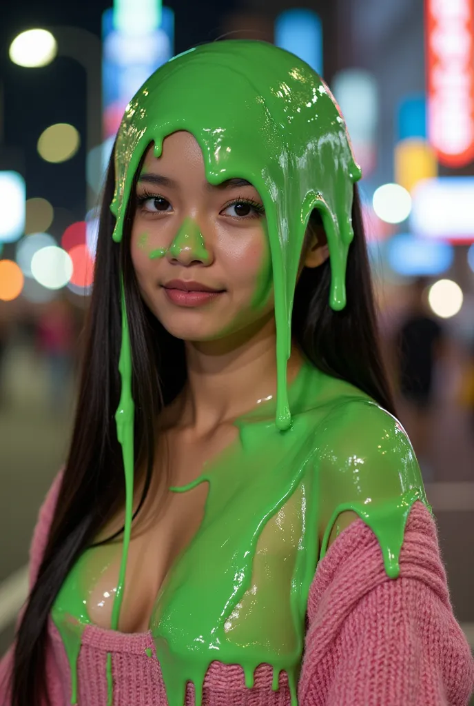 Cinematic photograph of Vietnamese teen covered in dripping green slime. Wearing off-the-shoulder pink sweater. f/1.4 aperture. hyper-realistic style. (Vietnamese teen: 1.1). black hair. Long fake eyelashes. Slime. 50mm. 8k. Masterpiece. New York city in b...