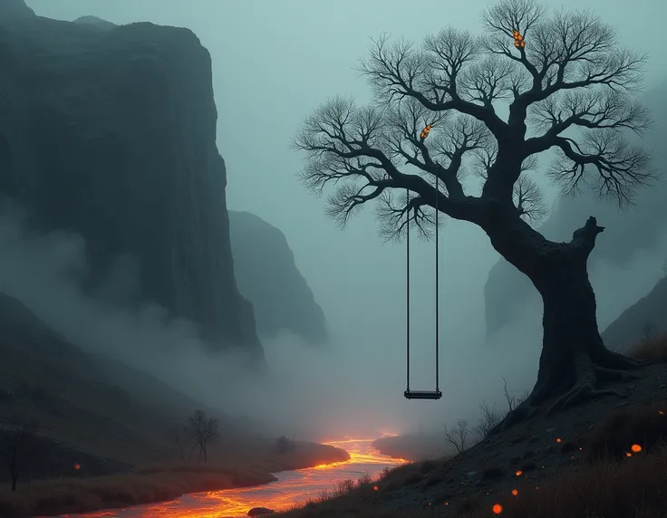 Draw me a gray cliff below, theres a fiery river on it with a creepy metal tree with glowing orange blotches.  A swing is hanging on a tree . Its all in the fog 