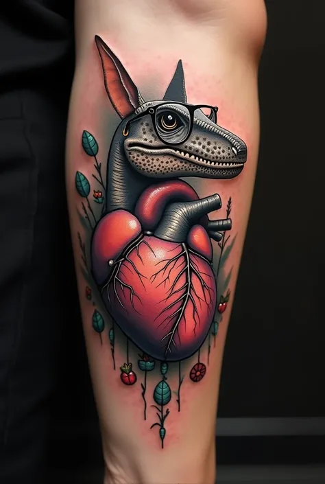 tattoo design.  Let an anatomical heart appear as the main protagonist.  That a butterfly appears above covering the heart,  a dog print  , the head of a tyrannosaurus rex with glasses .