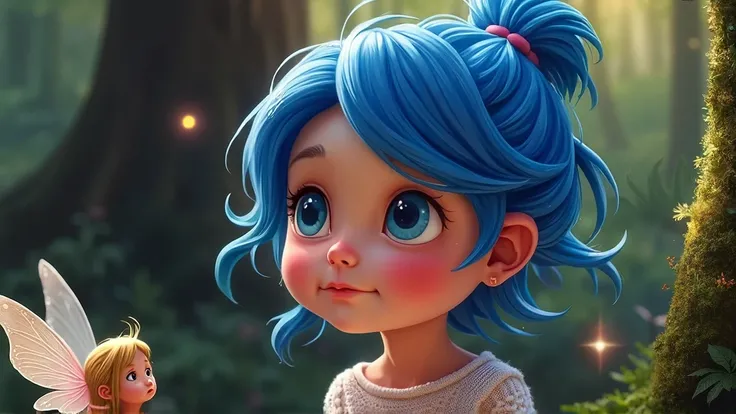 A young girl with blue hair walking on a forest talking to a small fairy 