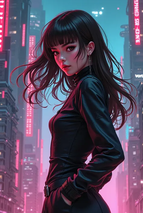 glamorous young girl in a pink brown-haired woman with thick and even bangs in the cyberpunk world hand drawn with gum