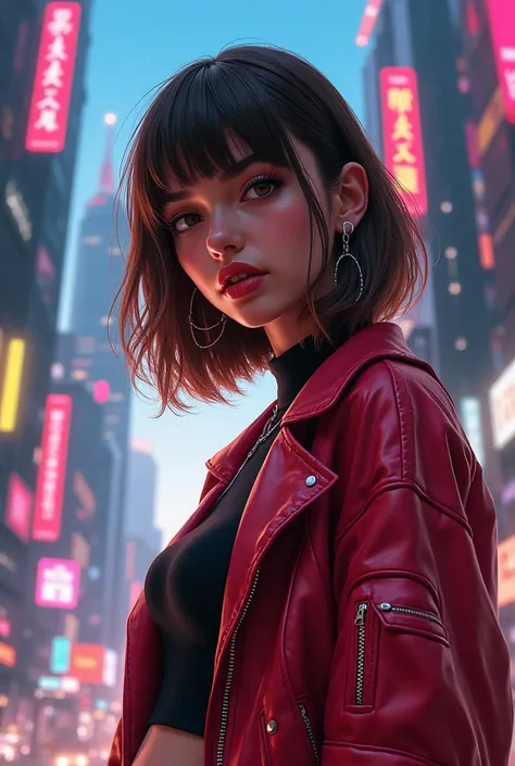 glamorous young girl in a pink brown-haired woman with thick and even bangs in the cyberpunk world hand drawn 