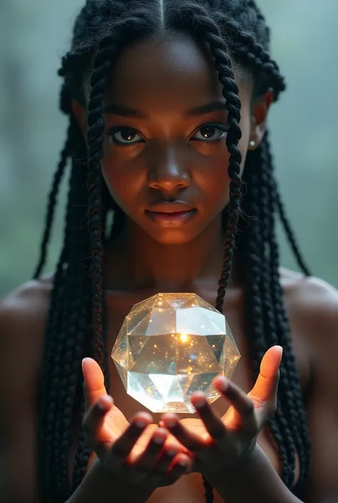 A character with braids falling down the front of her face , with brown skin,  holding a shiny sphere with several points and with faint dark circles under her eyes 