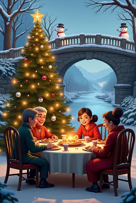 
Picture of a Christmas dinner that has ren, parents, grandparents, snowmen, Christmas trees and also that there is a large bridge behind the Christmas tree.