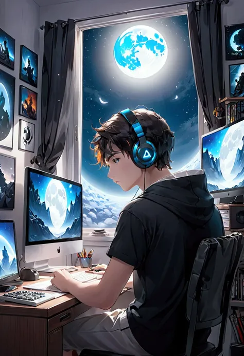 (masterpiece) a boy (male) studying sitting in his room, over his desk, with headphones on, nerd decoration, video game on the wall, posters, window showing the moon and stars, calm, peacefull, thinking, Cinematic, Color grading, beautifully color-coded,