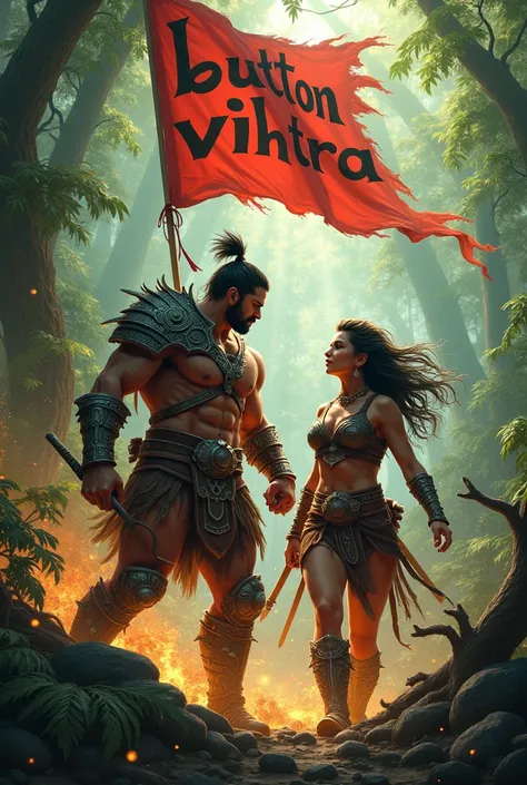 A male and female warrior character, Against the background of war in the jungle . It carries a flaming banner on which is written Button VIH Tra.