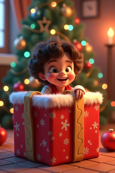 Disney Pixar-inspired 3D poster capturing a scene of a brunette with short curly brown hair sitting in a happy and smiling Christmas gift box 