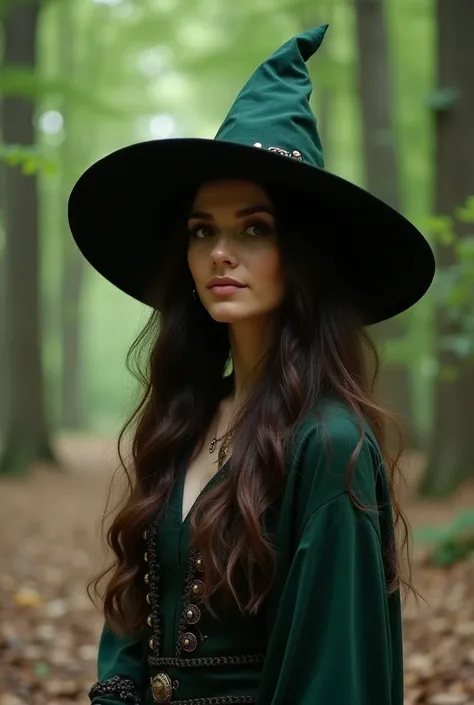 a woman wearing a green witchs hat in the middle of a wooded area, beautiful witch female, beautiful witch spooky female, wearing black witch hat, beautiful witch with long hair, beautiful female witch, a beautiful sorceress, beautiful wizard, a beautiful ...