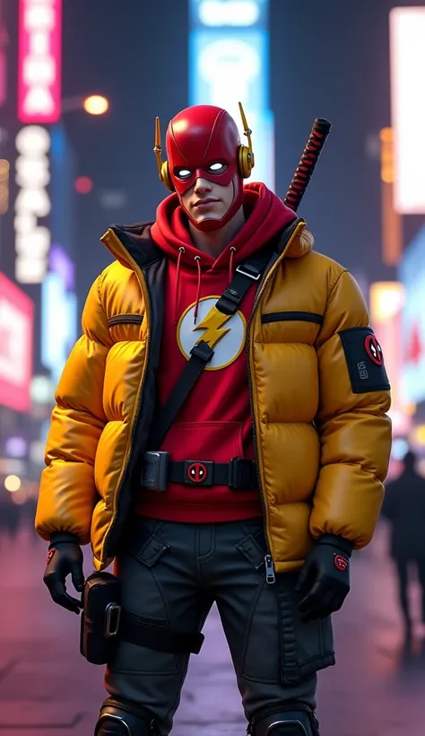 Generate a hyper-realistic animation of Flash of dc comicsl standing confidently in the heart of Times Square, fully embracing a modern streetwear aesthetic while retaining his iconic red-and-black theme. Outfit him in a vibrant yellow puffer jacket with b...