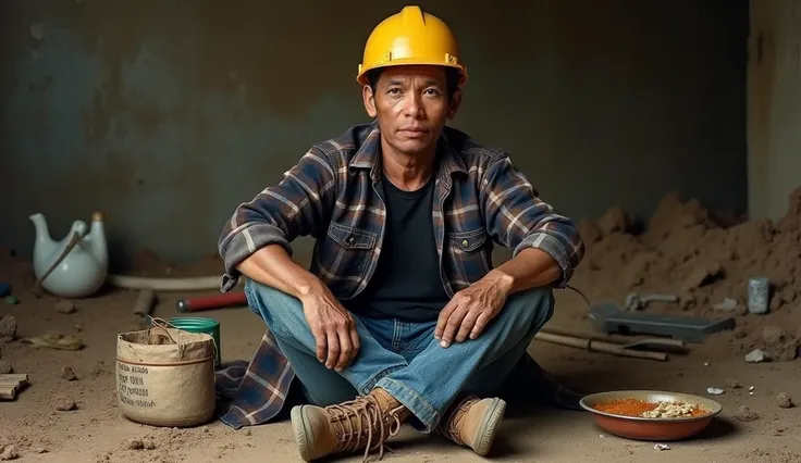 A human interest photography,An Indonesian man, Construction workers,Looks dirty and shabby,Wearing blue Levis 501 pants  ,Wearing a black t-shirt and flannel shirts, Brown army laced boots , Wearing a yellow project helmet , Enjoying lunch on the dirt flo...