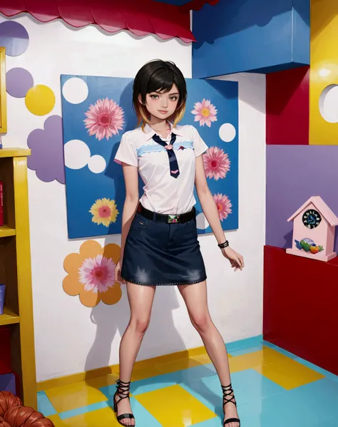 beautiful light-tan young girl, standing posed, in front of colorful house, (+swept-side bang, layered hair, shoulder-length hair, mullet hair, black hair, peach blonde ombre, two colored hair), wears lavender-purple very short sleeves collared blouse, nav...