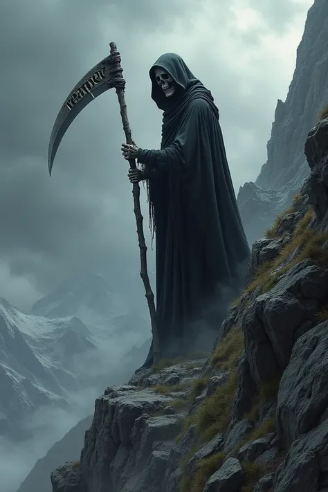 reaper subiendo una montaña con una guadaña en su mano con la palabra escrita: "reaper"