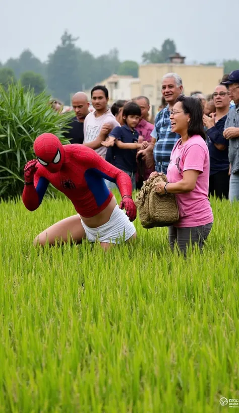 This image depicts a humorous and surreal scene where Spider-Man is floating in a squatting position in a rice field. He is wearing a diaper instead of his usual suit. An elderly woman, who is holding a basket of what looks like rice, is laughing and appea...