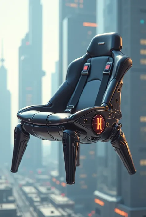 Advertising in a drawing of a flying chair that has 4 legs,  has 2 thrusters and a seat belt 