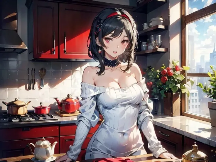  masterpiece, 1girl, Amazing Cleavage:1.3, thin waist, big ass, Raised sexy, medium breast:1.3,posed cleavage:1.2,solo, looking at viewer, open mouth, have a cup of coffee,black hair, red eyes, dress, bare shoulders, jewelry, collarbone, sidelocks, hairban...