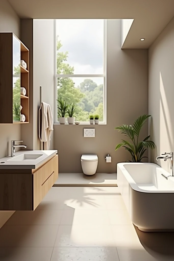 Modern large Bathroom with toilet, paper holder, bathtub, mirror with cabinet, igienic products, towel holder