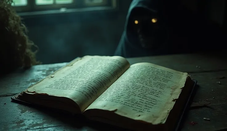  A close view of an old diary on a dusty desk .  Its pages are filled with text written by hand in fresh ink , but the words seem to distort and move . In the corner of the room, only visible,  there is a dark figure with bright eyes watching from the shad...