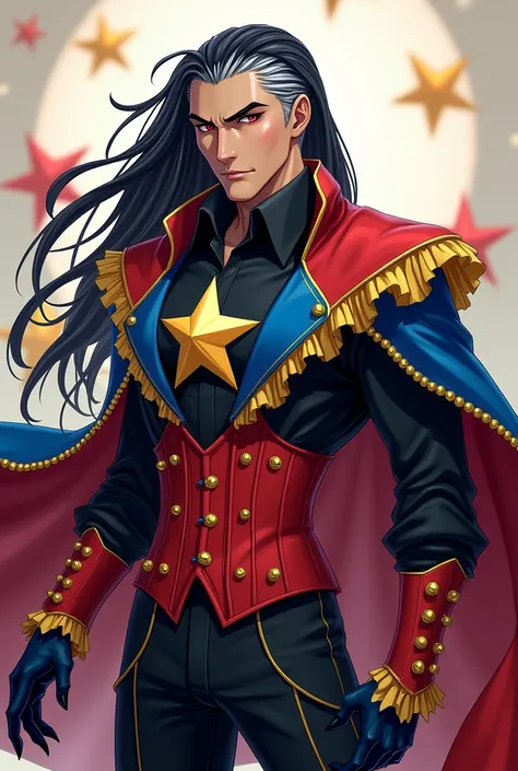 Black-haired brown male man with white locks,  long pointed hair back , black shirt with a large star on the chest,  corset mixed between red and blue with yellow edges,  hands blurred to a black down , claws, big eyebrows, red eyes, inspired by the circus...