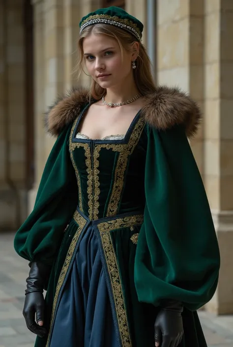  The lady wears a heavy dress made of wool and velvet in dark shades of green o blue , with gold thread embroidery . The body of the dress is tight ,  with a high square neckline for the cold ,  while the cupped sleeves are lined with leather and can be ad...