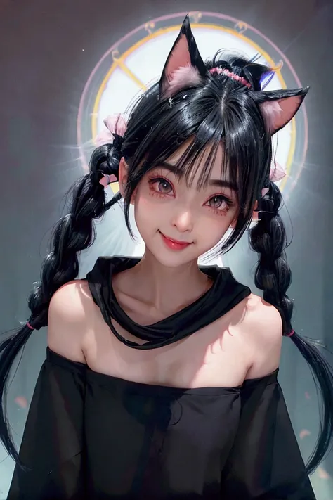 black hair, hair bobbles, wince, longeyelashes, fake animal ears, light smile, ear blush, fang, ccurate, Surrealism, drop shadow, anaglyph, stereogram, tachi-e, pov, atmospheric perspective, 8k, super detail, best quality