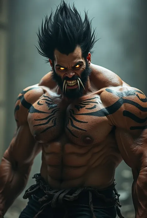 Super villain adult male ,  big black spiked hair , shirtless,  with black tiger stripe tattoos on his body , It has orange eyes and two saber-like teeth