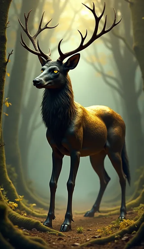 "Design a hyper-realistic hybrid creature that combines the graceful elegance of a golden deer with the menacing presence of a black wolf. The creature should have the sleek, muscular body of the wolf, covered in shimmering golden fur that subtly transitio...