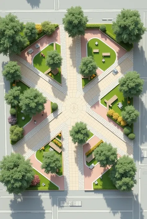  Generates a plan of a public space of 36x50 meters ,  divided by two cross-shaped axes .  The vertical axis is a central circulation path ,  axes and the horizontal axis crosses in the middle .  On the left end there is a commercial area and on the right ...