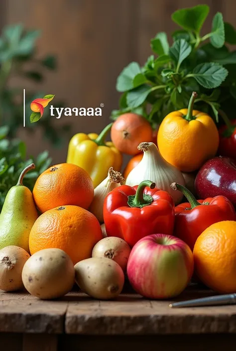 Fruits orange  ,pear, apples , peppers and onions and potatoes on a wooden table and in the center with the logo with the name ITZAYANA REAL HD IMAGES 