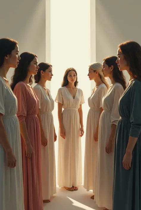 Seven women with a face of peace look at a young woman standing in front of them
