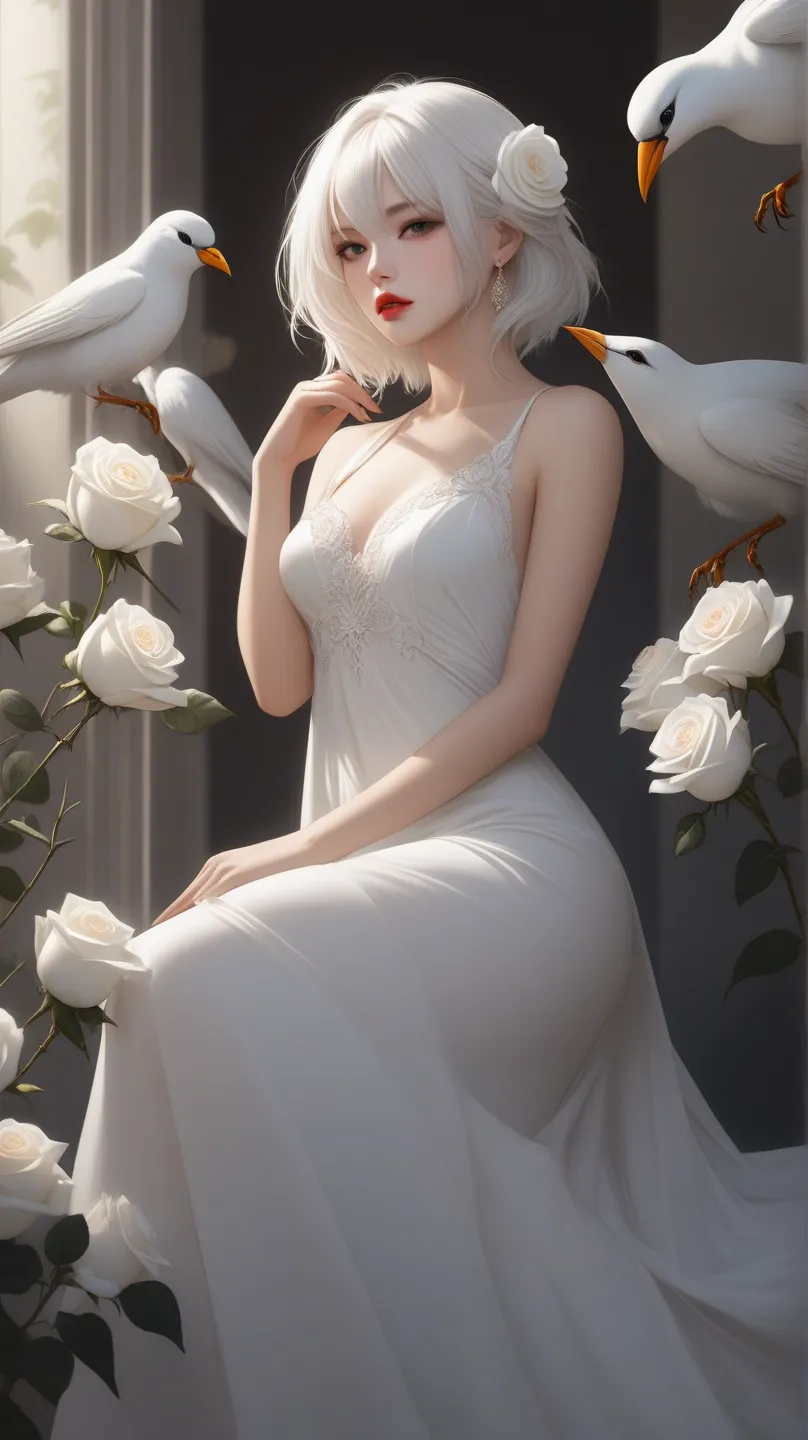 1girl, white medium hair, beautiful detailed lips, white long dress, white rose and bird around, sexy pose