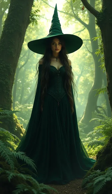 a woman with a green witch hat in the middle of a wooded area, witch, spooky witch, with black witch hat, with long hair, sorceress witch, witch in the forest, ( ( ( black witch hat ) ), hat black witch, witch hat. clear, detailed image, daylight.