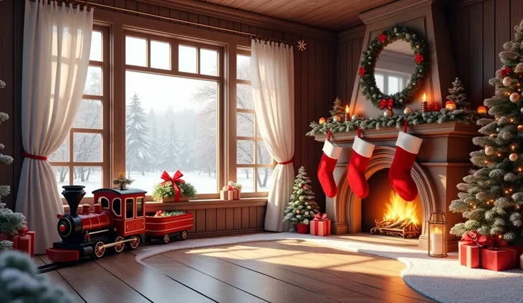  Christmas photo background with snow falling outside,  hanging fireplace with Christmas socks, wooden walls and floor  , white curtains, Train ,  dont put Santa Claus , Christmas tree