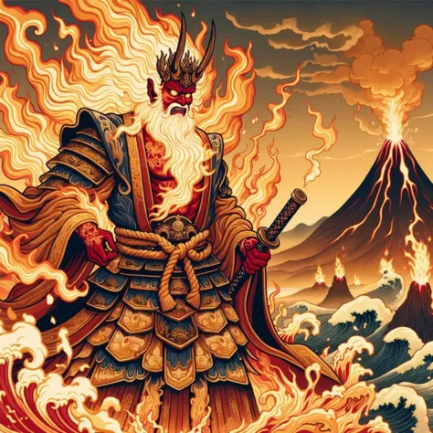 Kagutsushi,  the Fire God ,  Japanese mythology,  doesnt crop the image around the edges , Gabriele Delrotte , Representation of Japanese Folklore, traditional animation, traditional attire,  ink splash