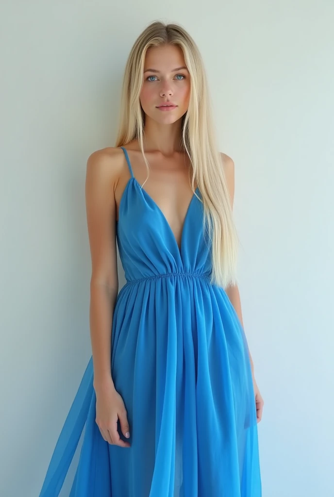 Make a blue-eyed blonde , At 22 years old.  With a normal body not fat and not too thin, and with 1. 70 tall straight long hair . Full body white skin in a blue dress.