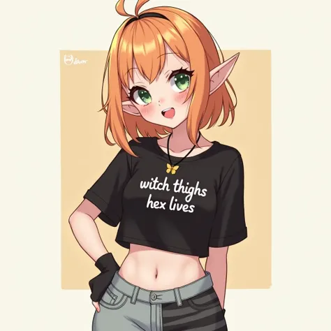 create a 2D image of a smiling Vtuber girl, anime, elf ears,  with medium hair that reaches up to the shoulder, very light orange hair color , Classic fringe, white pele,  two strands on top of the hair , light green eyes, very light freckles under the nos...