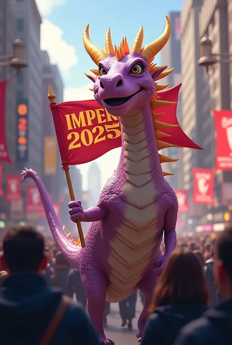 A march in front of which there is a banner with lilac and light yellow colors with a dragon that says Imperials 2025 