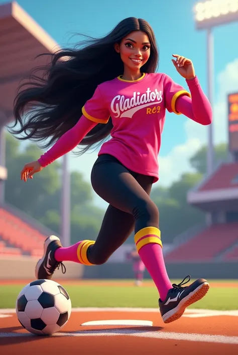 Create an image of a Pocahontas inspired woman, with long dark loose hair flowing in the wind. She is dressed in a baseball uniform that has a pink long sleeved t-shirt, in which you can read the word " Gladiators "  in large and striking letters . She is ...