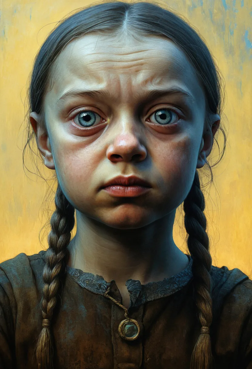 painting of greta thunberg, 30 years old, dystopian, creepy, nightmare, disturbing, creepy, gloomy, rotten, by zislaw beksinski