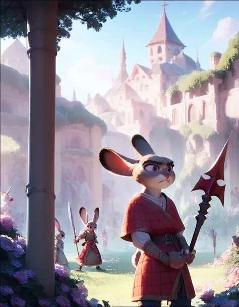 Fraction_9, Fraction_8_up, Fraction_7_Direction_6_up, src_hairy, judyhopps is confused, day, Backlight, warrior medieval clothes, angry, standing, pole weapon, lance, lancer